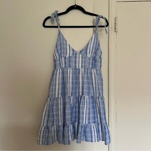 Blue Striped Tie-Strap Tiered Mini Dress